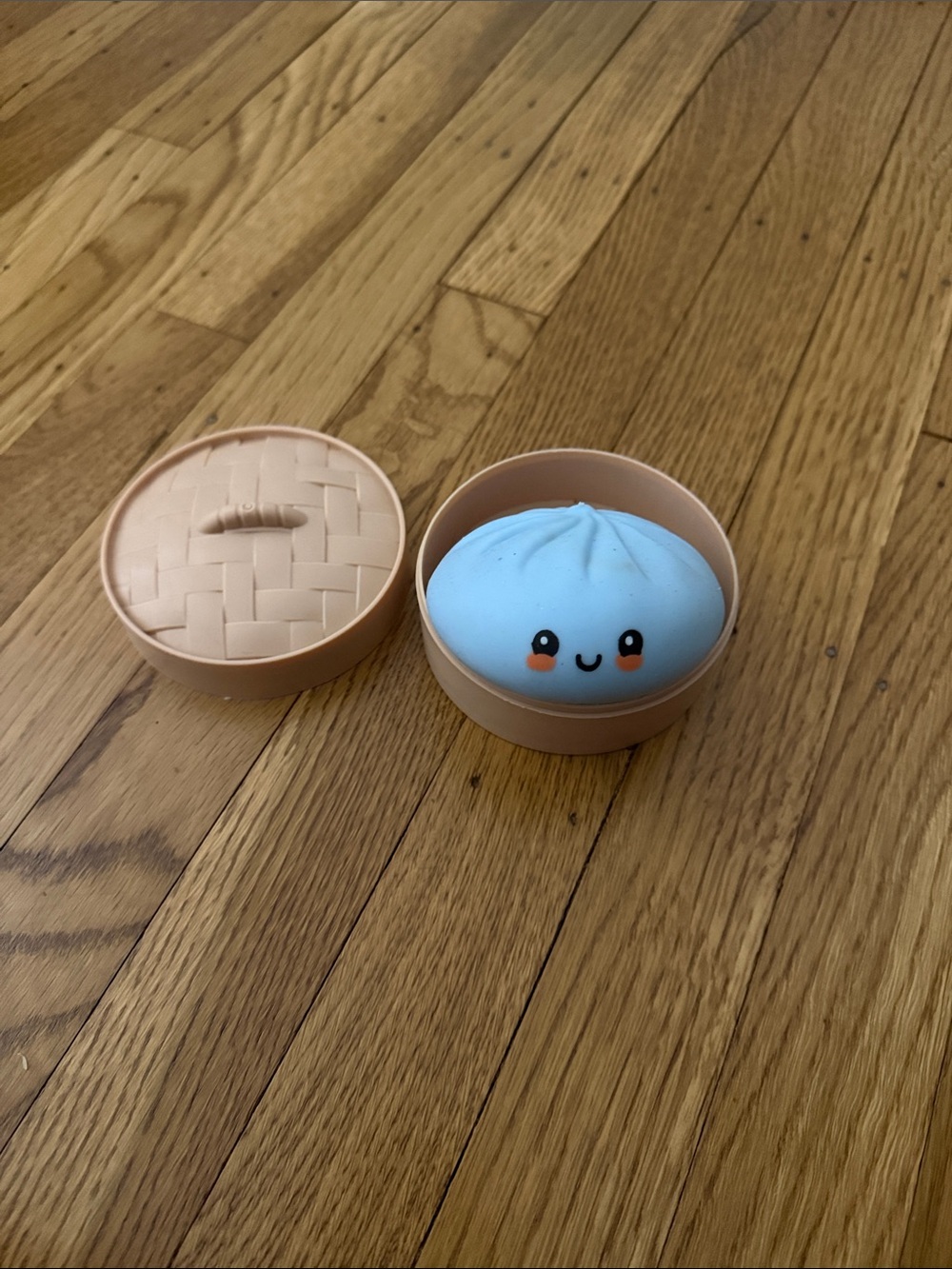 Soft Blue Squishy Dumpling Toy in Beige Steamer